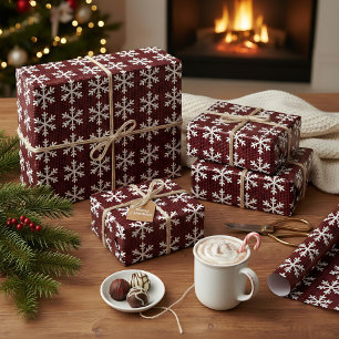 Rustic Red and Black Plaid Snowflake Christmas Wrapping Paper