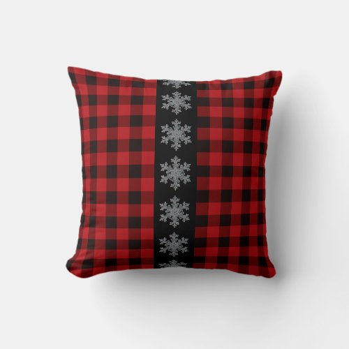 Rustic red and black plaid _ snowflakes throw pillow
