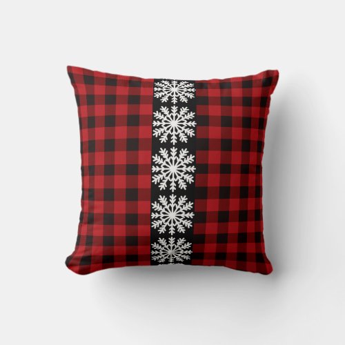 Rustic red and black plaid _ snowflakes throw pillow