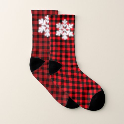 Rustic red and black plaid winter snow flake   socks