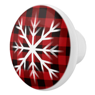 Rustic red and black plaid with snowflake ceramic knob