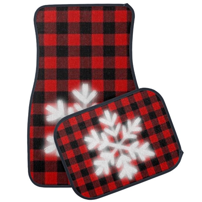 Rustic red and black plaid with snowflake detail car floor mat (Set)