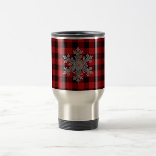 Rustic red and black plaid with snowflake detail travel mug