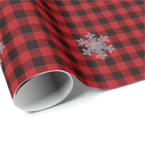 Rustic red and black plaid with snowflake detail wrapping paper