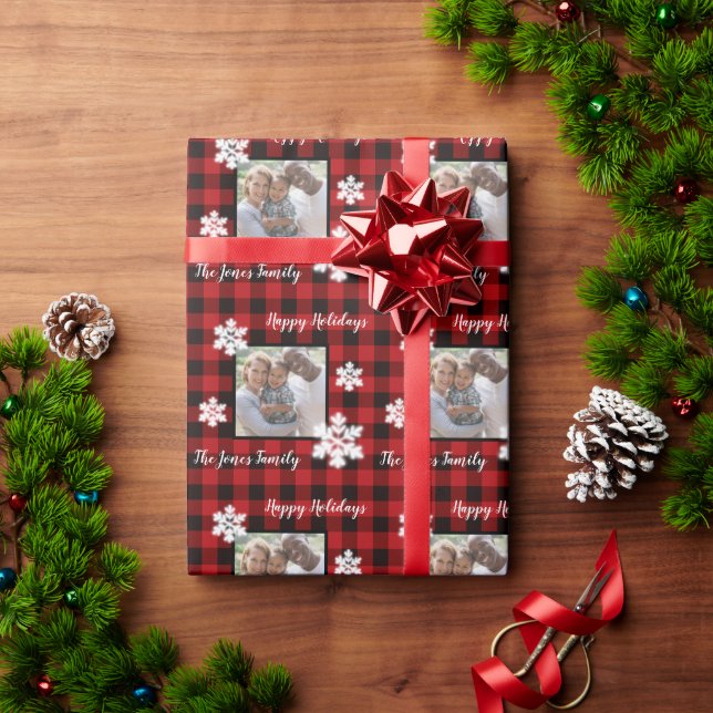 Rustic red and black plaid with snowflake detail wrapping paper (Holiday Gift)