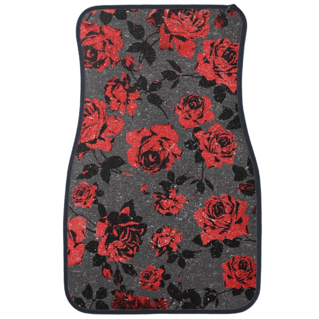 Rustic Red and Black Stem Rose Pattern Car Mat (Front)