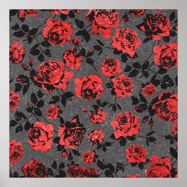 Rustic Red and Black Stem Rose Pattern Poster (Front)