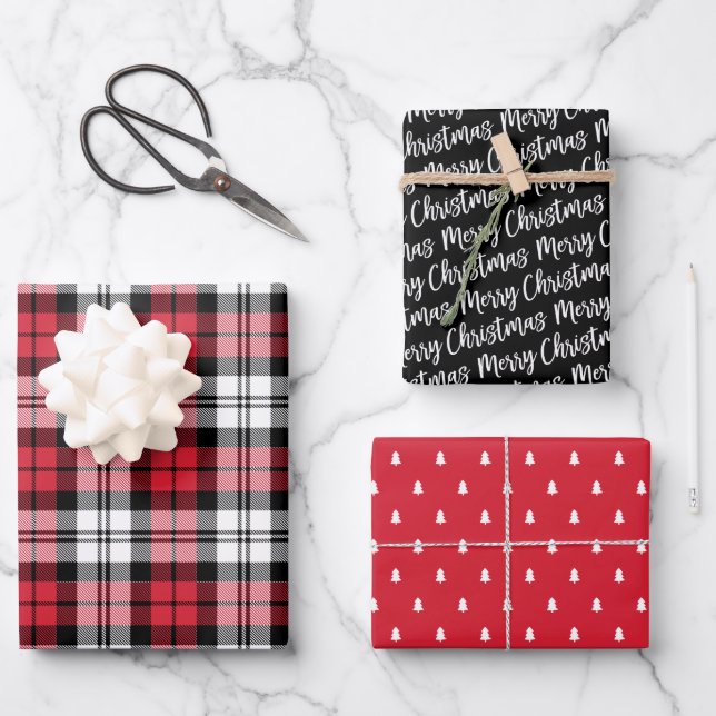 Rustic Red and Black Watch Plaid Merry Christmas Wrapping Paper Sheets (Front)