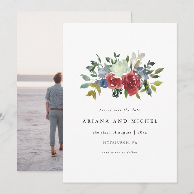 Rustic Red and Blue Floral Photo Wedding Save The Date (Front/Back)