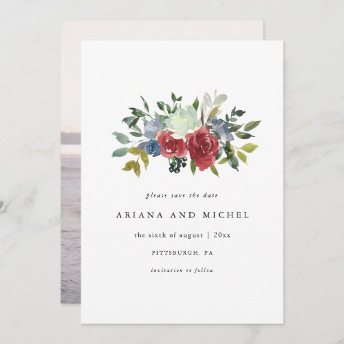 Rustic Red and Blue Floral Photo Wedding Save The Date