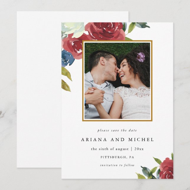 Rustic Red and Blue Floral Photo Wedding Save The Date (Front/Back)