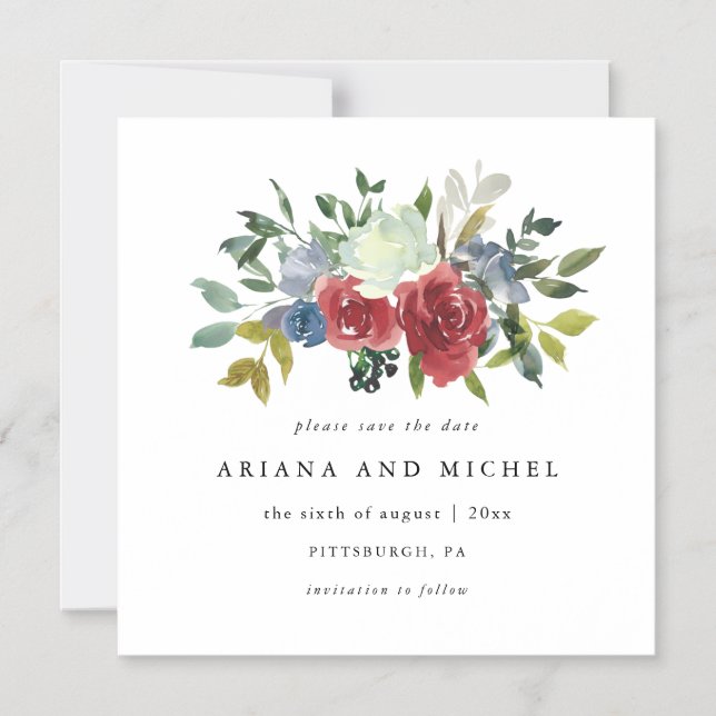 Rustic Red and Blue Floral Wedding Save the Date Magnetic Invitation (Front)