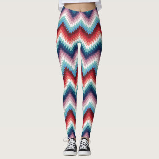 Rustic Red and Blue Knitted Zigzag Wave Pattern Leggings