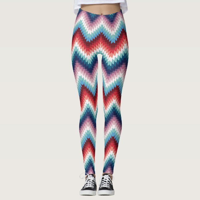 Rustic Red and Blue Knitted Zigzag Wave Pattern Leggings (Front)