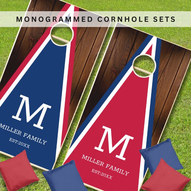 Rustic Red And Blue Triangle Monogram Dark Wood Cornhole Set (Rustic Red And Blue Triangle Monogram Dark Wood Cornhole Set
)