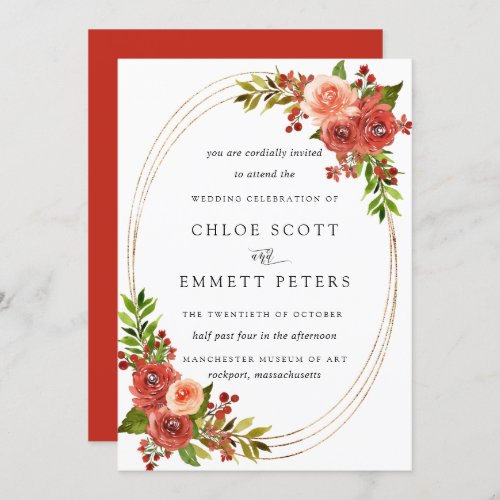 Rustic Red and Coral Pink Rose  Floral Wedding Invitation