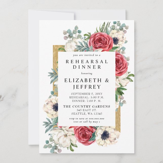 Rustic Red and Gold Floral Rehearsal Dinner  Invitation (Front)