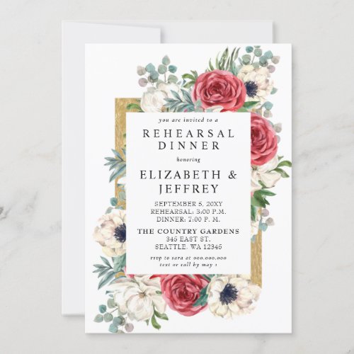 Rustic Red and Gold Floral Rehearsal Dinner  Invitation