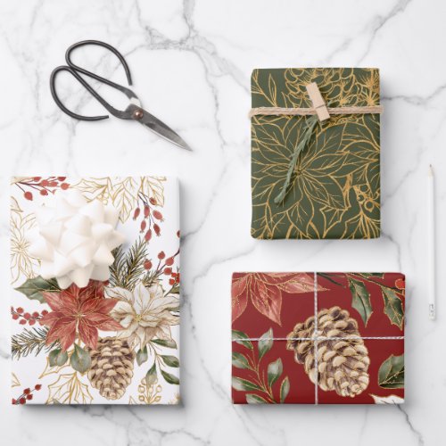 Rustic Red and Gold Poinsettias Christmas 3 Flat  Wrapping Paper Sheets