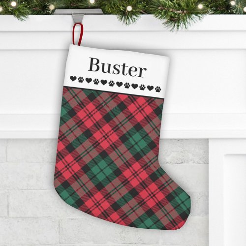 Rustic Red and Green Plaid Custom Dog Name Small Christmas Stocking
