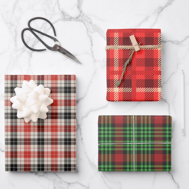 Rustic Red and Green Plaid Patterns Wrapping Paper Sheets (Front)