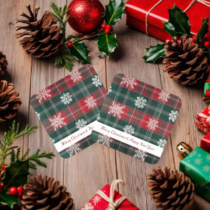 Rustic Red and Green Snowflakes pattern Holidays Square Paper Coaster