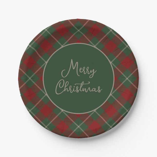 Rustic Red and Green Tartan Plaid Christmas Paper Plates (Front)