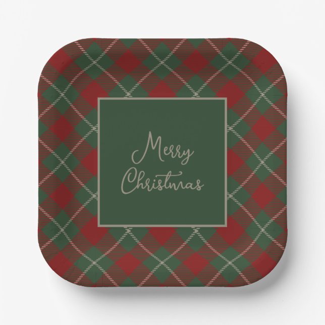 Rustic Red and Green Tartan Plaid Christmas Paper Plates (Front)