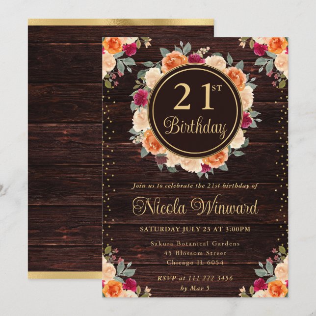 Rustic Red and Orange Fall Flowers Wreath Birthday Invitation (Front/Back)
