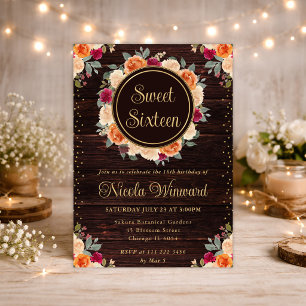 Rustic Red and Orange Fall Flowers Wreath Sweet 16 Invitation