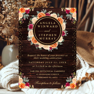 Rustic Red and Orange Fall Flowers Wreath Wedding Invitation