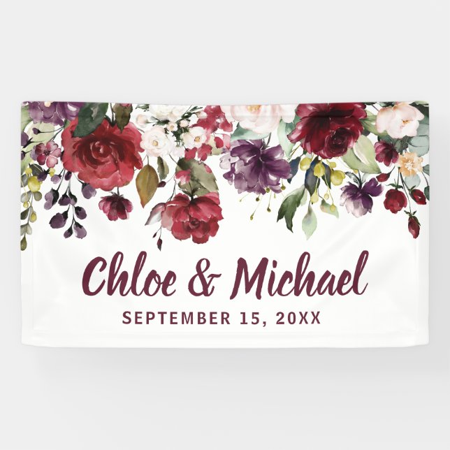 Rustic Red and Pink Floral Personalized Wedding Banner (Horizontal)