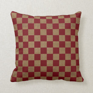 Rustic Red and Tan Checkered Burlap Throw Pillow