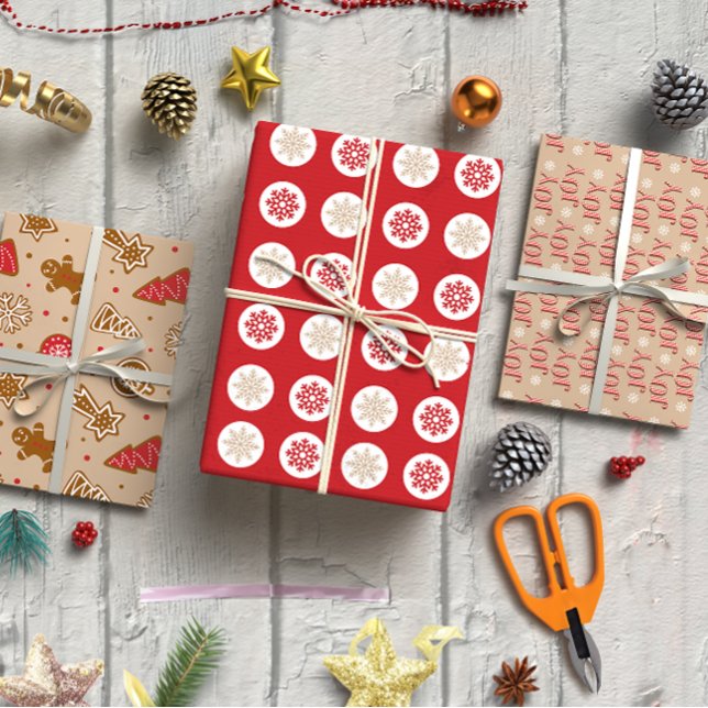 Rustic Red and Tan Snowflakes, Gingerbread & Joy  Wrapping Paper Sheets (Red and Tan Christmas set of 3 Wrapping Paper Sheet)