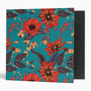 Rustic Red and Teal Floral Pattern 3 Ring Binder