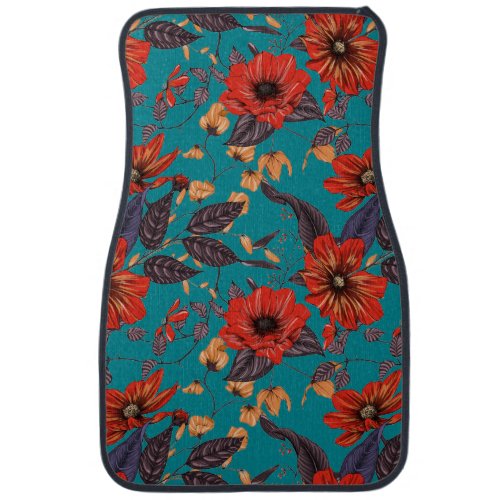 Rustic Red and Teal Floral Pattern Car Floor Mat