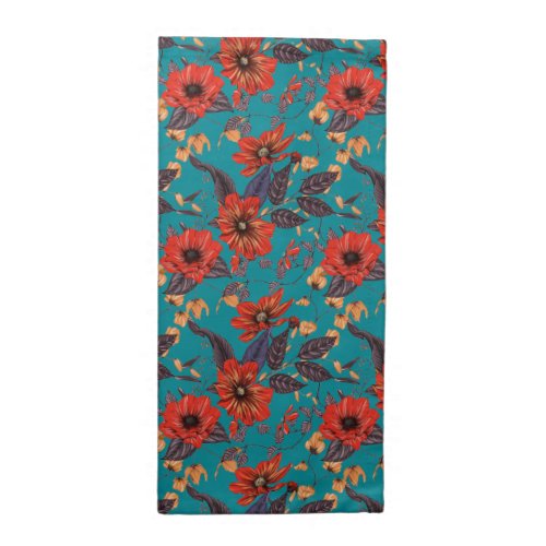 Rustic Red and Teal Floral Pattern Cloth Napkin