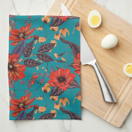 Rustic Red and Teal Floral Pattern Kitchen Towel