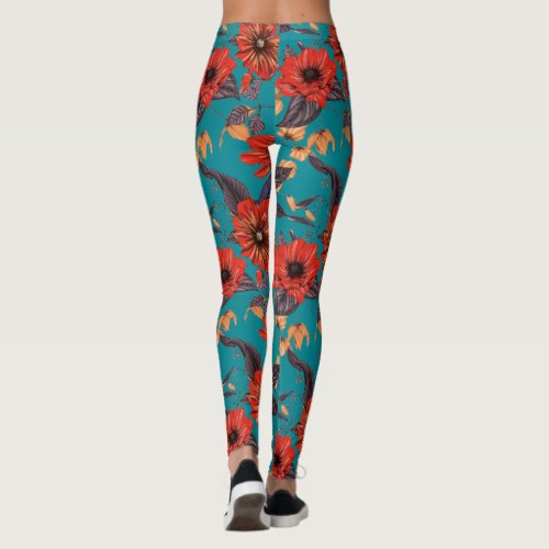 Rustic Red and Teal Floral Pattern Leggings