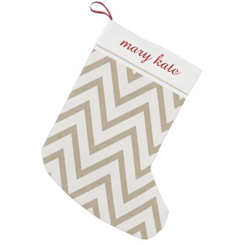 Rustic Red and White Faux Burlap Chevron Pattern Small Christmas Stocking