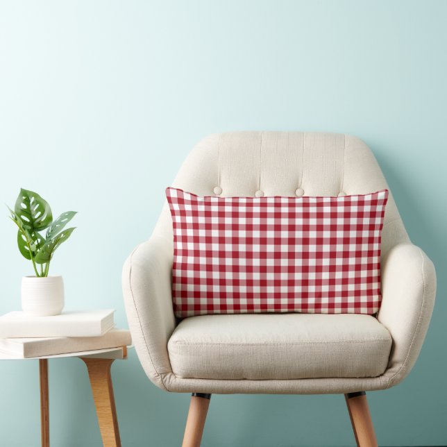 Rustic Red And White Gingham Checks Pattern Lumbar Pillow (Chair)