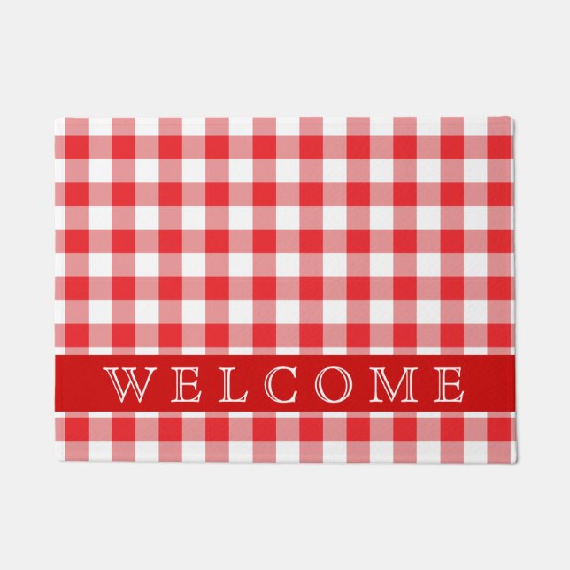 Rustic Red And White Plaid Welcome Doormat (Front)