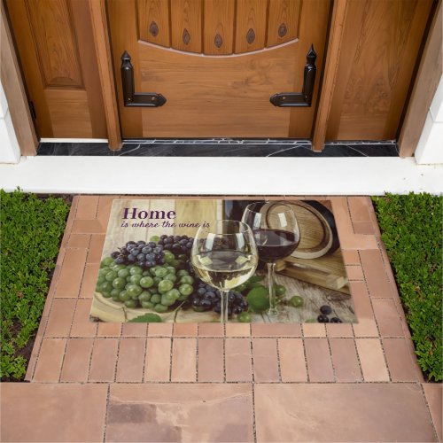 Rustic Red and White Wine Glasses Grapes Barrel Doormat