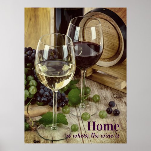 Rustic Red and White Wine Glasses Grapes Barrel Poster