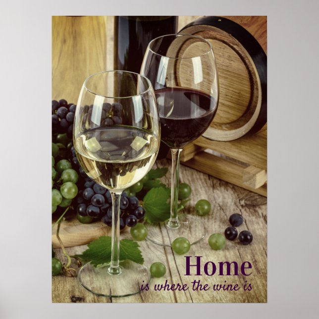 Rustic Red and White Wine Glasses Grapes Barrel Poster (Front)