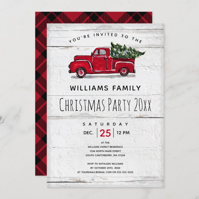 Rustic Red Antique Truck Christmas Tree Invitation (Front/Back)