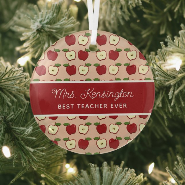 Rustic Red Apple Pattern Teacher Appreciation Glass Ornament (Insitu)