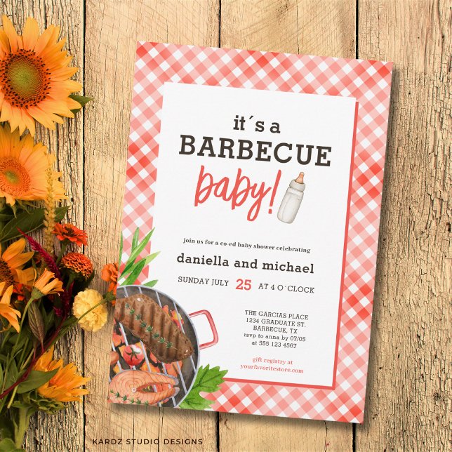 Rustic Red Barbecue Baby Shower Invitation (The front and back of the invitation are shown at a 5x7 inch. Choose size, paper, + corner style.)