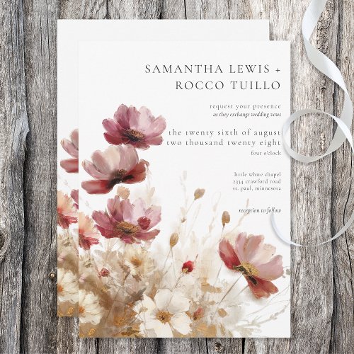 Rustic Red  Barley Watercolor Wildflowers Invitation