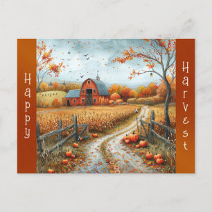 Rustic Red Barn Autumn Illustration Holiday Postcard